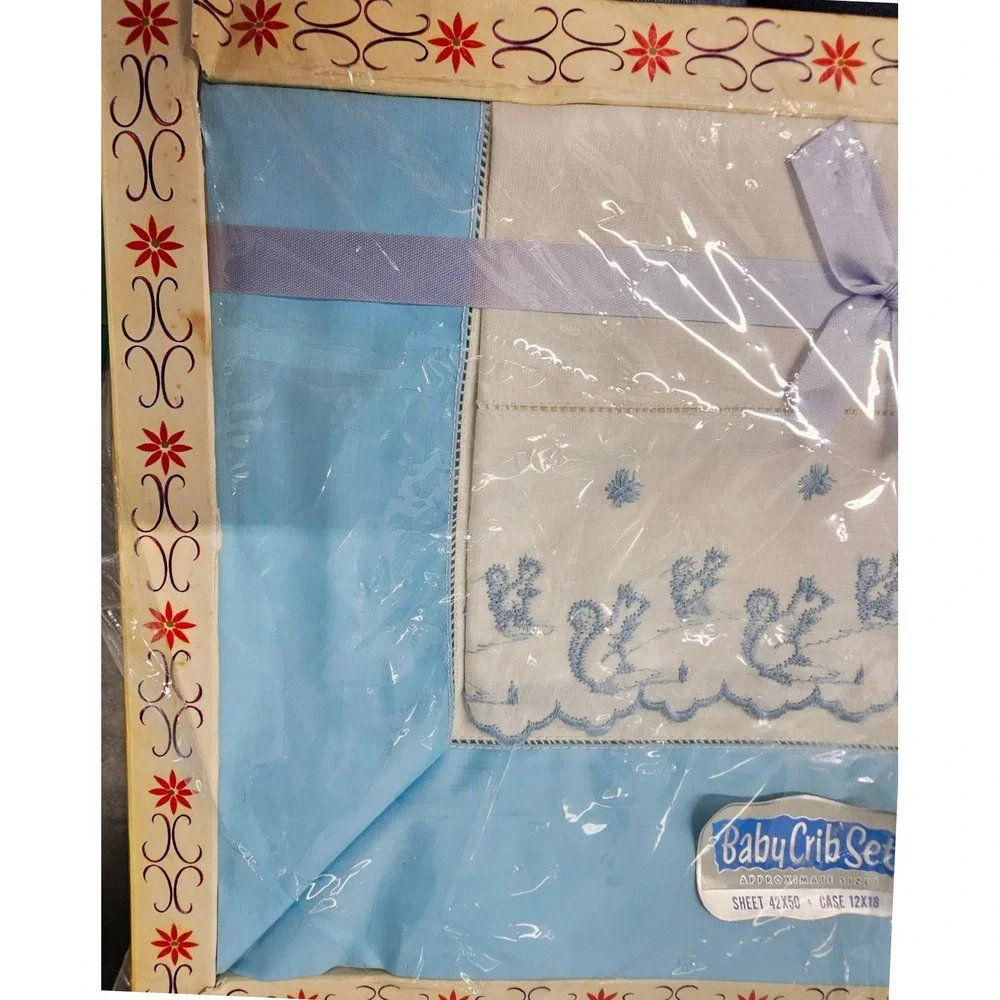 Vintage Baby Crib Set Blue Embroidered Squirrel Sheet and Pillowcase New in Box